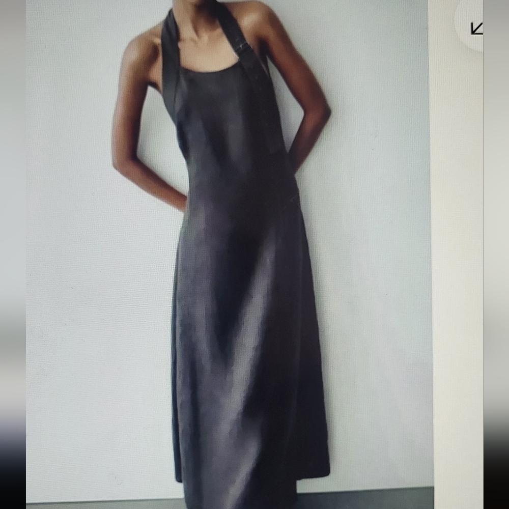 Zara Linen Halter Dress Gray With Open Back Sz M